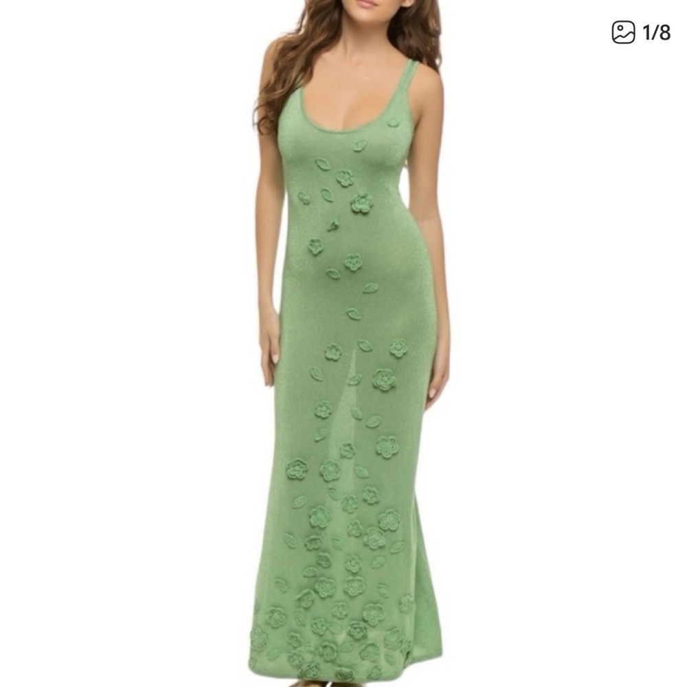 Caroline Constas Green Knit Flower Crochet Embroidered Maxi Tank Dress
